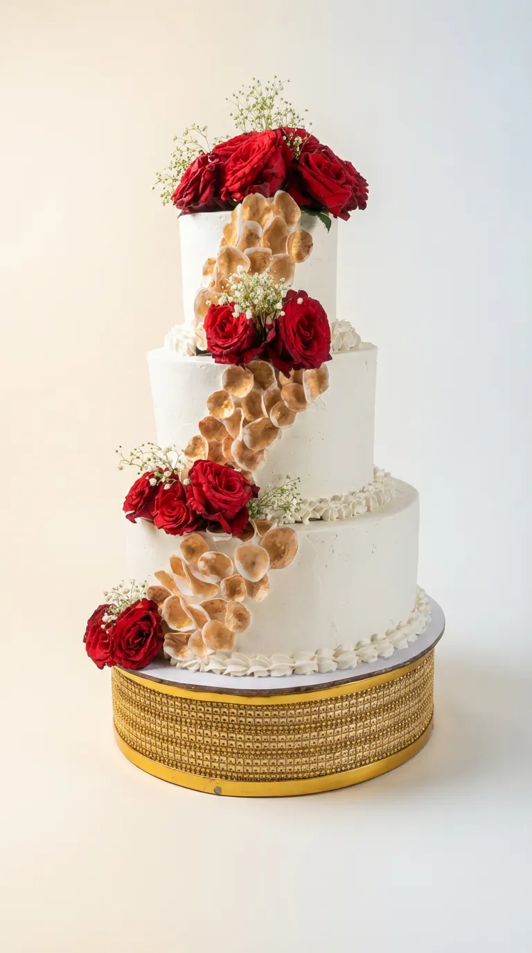 Cascading Roses and Gold Wedding Tower